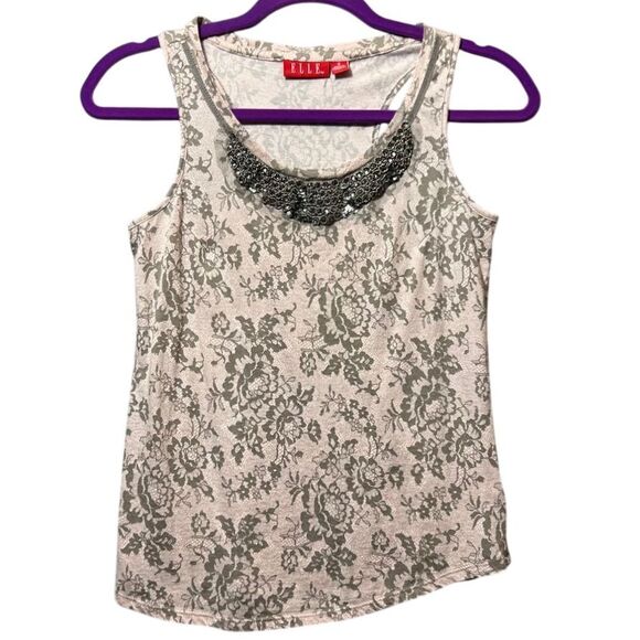 Elle Tops - ELLE Floral Tank Top with Beaded Necklace‎ Detail Gray Pink Size S